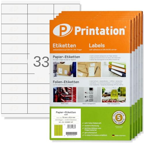 Printation 16500 70 x 25,4 mm Etiketten selbstklebend bedruckbar weiß - 500 DIN A4 Bogen Bigpack - Universal Etiketten 70x25,4-33 pro Blatt 3x11 - Adressetiketten Absenderetiketten 3421 4455 LA121