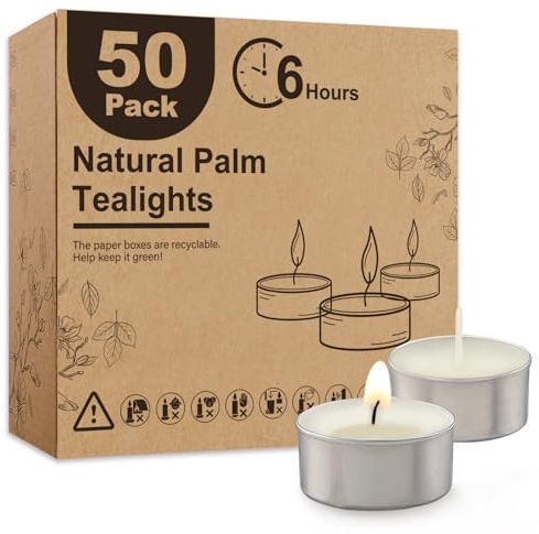 Ashlux Palmwachs Teelichter, 50 Stück, weiß, 6-7 Std. | rußfrei & geruchlos, tropffrei mit Aluminiumhülle, paraffinfrei – ideal für Hochzeit, Party, Tischdeko & Stromausfälle
