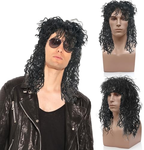 SAIIURV Perruque Homme Noir mulet 70s 80S Halloween Costumes à bascule Dude Perruque pour Carnaval Halloween Costume Party Perruque Punk Perruque nuque longue Rock Star Cosplay (Noir)