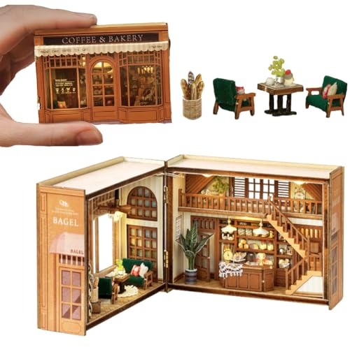 TOPBSFARNY DIY Miniatur Holz Puppenhaus Bausatz, 3D-Möbel und Raummodell kann Türen öffnen, Kreativität Geschenkidee für Valentinstag, Geburtstag (Bagel Time)
