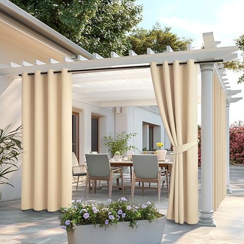 MIULEE Outdoor Vorhang 2 Stücke Outdoorvorhänge Wetterfest mit Ösen, Blickdicht Sonnenschutz Wasserdicht Outdoor Außen Gardine für Garten Terrasse Pavillon Veranda Balkon B 132 x H 275 cm Beige