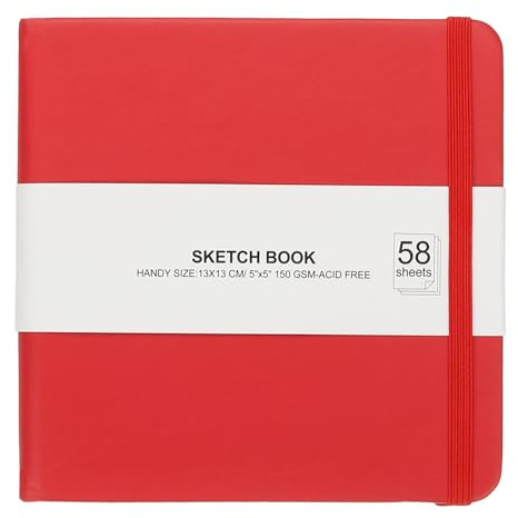 PATIKIL 12,7 x 12,7 cm inbunden läderficka skissbok, 58 ark 150 GSM/46 kg tom anteckningsbok resedagbok skissblock för att skriva ritning målning affärer nybörjarkonstnär, röd