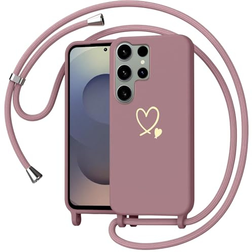 Yichxu Handyband für Samsung Galaxy S25 Ultra 5G Hülle mit Band, Herz Design Necklace Handyhülle zum Umhängen Kordel, Stoßfest Schutzhülle mit Kette, Liquid Silikon Case für Samsung S25 Ultra, Rosa
