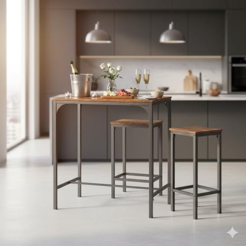 FurnitureR Bartisch mit Barhocker Set, Industrieller Stil, Geeignet für Küche, Esszimmer, Wohnzimmer, Pub, Bartisch 80 x 50 x 90 cm, 2 Barhocker 40 x 30 x 65 cm