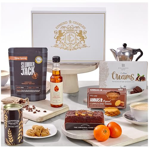 Edmond & Charles Gourmet Coffee & Chocolate Gift Hamper | Luxury Box with Edmonds Signature Blend Ground Coffee, Salted Caramel Syrup, Biscuits, Cake & Chocolates | Hampers Presents for Women & Men