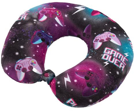 OHS Travel Pillow Gaming Print Neck Pillow, Soft Foam Travel Neck Pillow Portable Neck Support Pillow For Airplane Train Car, Purple/Black-30x30cm