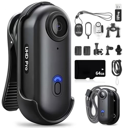 LIROPAU Action camera con pollice, Mini Action Cam 4K con Memory Card da 64GB, videocamera da pollice, Telecamera Sportiva HD 4K, Telecamera da Casco 120° per registrazione, lezioni, viaggi, sport