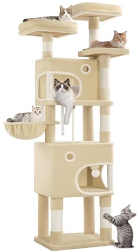 Hzuaneri 180 cm Cat Tree for Indoor Cats, Cat Tower, Multi-Level Cats Condo with 8 Scratching Posts, 3 Platforms, 2 Caves, Basket, Plush Balls, Sisal Rope, Anti-Tip Kit, Beige MS18018YL
