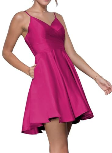 WSEYU Vestido corto de satén con tirantes delgados para adolescentes, vestido corto de satén para dama de honor, graduación, cóctel, fiesta, con bolsillos, ZM257, fucsia, 44