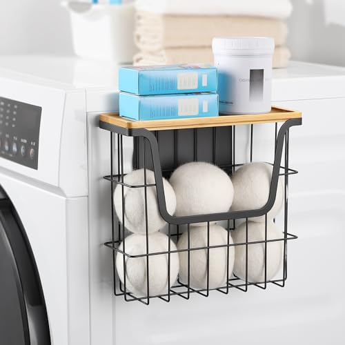 CACHOLIV Magnetic Dryer Ball Holder - Black Basket for Laundry Room Organization and Storage with Bamboo Top - Magnetic Lint Bin Suitable for Washer and Dryer / Fridge / Whiteboard (No Balls)