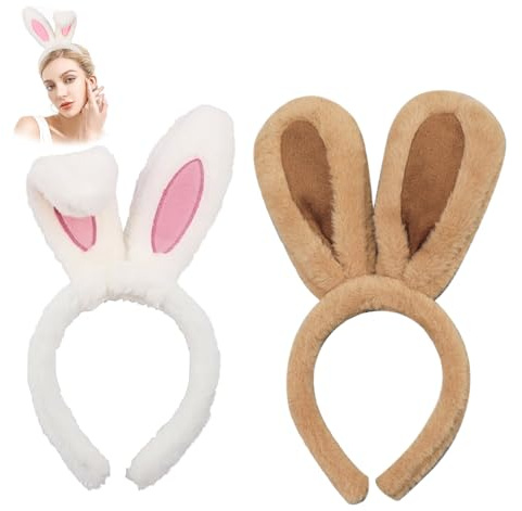 XoeLLe 2 Piezas Orejas de Conejo, Orejas Conejo Disfraz Diadema Felpa Pajarita Cola, Banda para de Conejitas Fluffy Rosa y Blanco Accesorio de Carnaval y Pascua