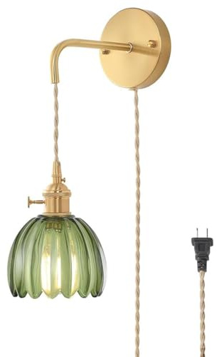 AoLa Kristall Wandleuchte mit Schalter und Stecker, E27 Gold Wandlampe Vintage Metall und Glas Lampenschirm Wand Nachttischlampe mit Kabel Retro Blume Wandlicht für Schlafzimmer Wohnzimmer,Grün