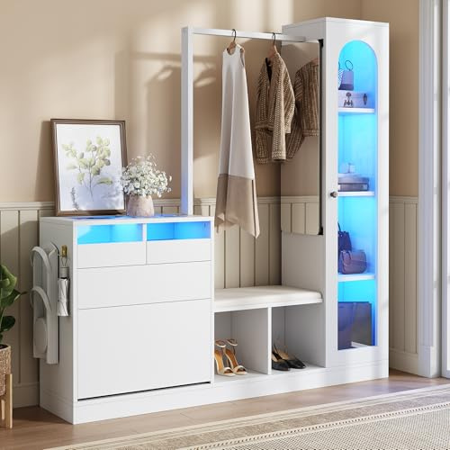 Gxffipw 6-in-1 Multifunktionales Garderobe Set 161 cm Hohes mit Schuhbank und Schuhschrank, Garderobenset mit Glasvitrine und LED-Licht, Flurgarderoben Set mit Spiegel und Kleiderstange, Weiß