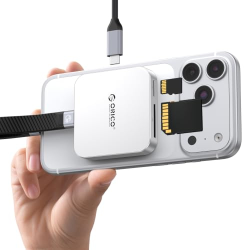 ORICO Lettore di schede SD magnetico con ricarica PD 100W, SD/TF 3.0, velocità di trasferimento dati 104 MB/s, Card Reader Compatibile con iPhone 17/16/15, iPad Pro e MacBook (Argento, 4 IN 1)