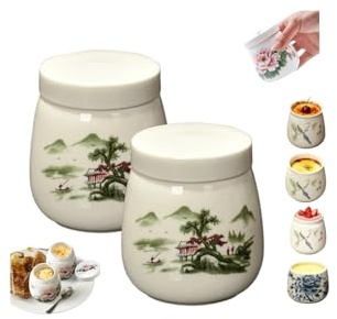 2 x Eierbecher mit Deckel, 2026 neuer Keramik-Eierkocher im Vintage-Stil, 220 ml, Porzellan-Keramik-Eierkocher, Retro-Tischschatz, Chawanmushi-Eierschale, gedämpfte Eierschale