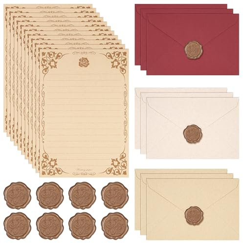 JIANTA 48 Pcs Vintage Writing Paper and Envelopes Set, Stationary Set with 30 Letter Papers, 9 Envelopes and 9 Wax Seal Stickers, Papers with Envelopes Writing Set for Love Letter, Invitation