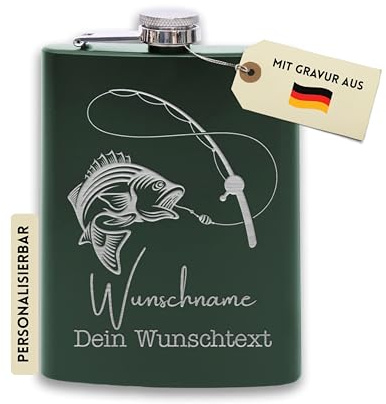 Flanacom Flachmann mit Gravur aus Edelstahl inkl. Trichter 227ml / 8oz Angeln & Fischer Outdoor Alkohol Geschenke für Männer Flachmann Personalisiert mit Wunschgravur (Design 1, 8 Oz Grün)