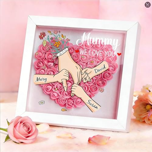 Personalised Flower Shadow Box for Mum Custom for Mum Shadow Box Frame Holding Hands Flower Memory with Kids Name, Birthdays, Anniversary, Heart Rose Photo Frame Grandma Gifts