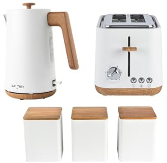 Salter Toronto Kettle, Toaster & Canister Set – 1.7L Fast Boil 3 kW Kettle, 2-Slice Toaster with 6 Browning Levels, Tea, Coffee & Sugar Canisters with Acacia Wood Lids, Countertop Set, White
