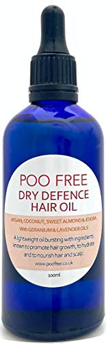 100% NATURAL - ACEITE para CABELLO SECO - 100 ml - por POO FREE - Argán, almendra, jojoba, geranio y lavanda - Mezcla ligera de aceites. Beneficioso para el cabello seco y el cuero cabelludo.