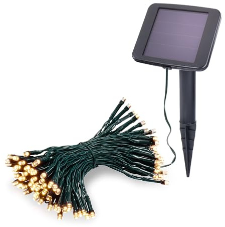 Esotec Solar Lichterkette Outdoor Gartendeko Licht Terrasse warmweiß 102170 | 100 warmweiße LEDs auf 10 m, bis zu 10 Std. Leuchtdauer, Dauer- oder Blinklicht, amorphes Solarmodul, wechselbarer Akku.