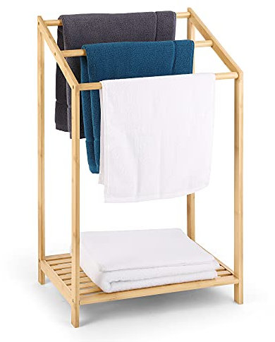 HYNAWIN Bamboo 3 Tier Towel Rack for Bathroom, Freestanding Beach Towel with Storage Shelf, Poolside Rack with Bottom Organizer for Bath, Hand Towel, Laundry