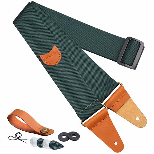 Nefelibata Sangle de guitare en nylon, sangle de guitare avec extrémités en cuir et poche à médiators pour guitare basse, électrique et acoustique, bouton de sangle, boucles de sangle et médiators