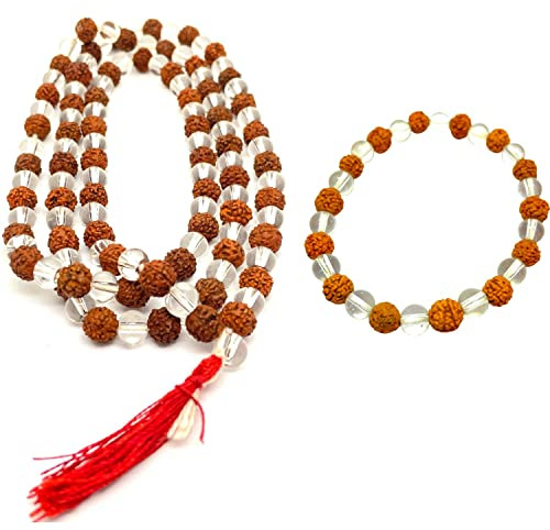 Naisha Rudraksha & Kristall Sfatik Armband & 108 Mala Naturlig Himalaya 5 Ansikte Rudraksha Frö, Radband Kristall, Handled Malaomslag, Armband pärla Storlek 7 mm (Förpackning Med 2), Trä