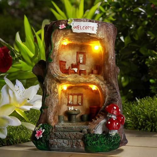 BEXLEYBAY Solar Light Gnome Fairy House Outdoor Statues, Big Size Elf Miniature Buildings Sculptures for Garden Patio Lawn Path Decorations, 8 Tall