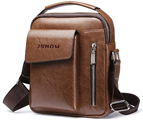 JSNOM Bolso Hombre Bandolera Piel: Bolsoa Mano Pequeño con Bolsillo Trasero Antirrobo para Viaje Escolar Trabajo Casual (Marrón)