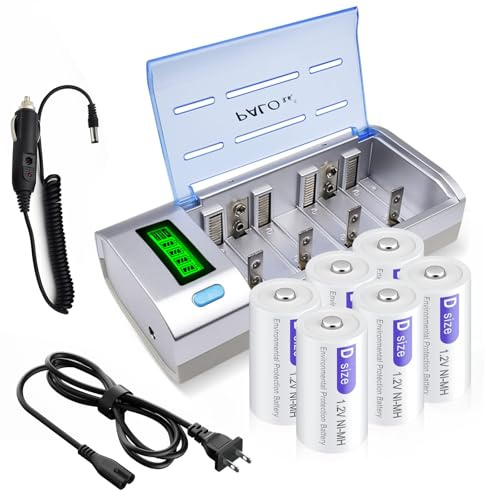 6 Packs D Rechargeble Batteries with Charger for C D 9V AA AAA Battery丨Discharge Function丨3 Batteries Box and Car Charger Cable