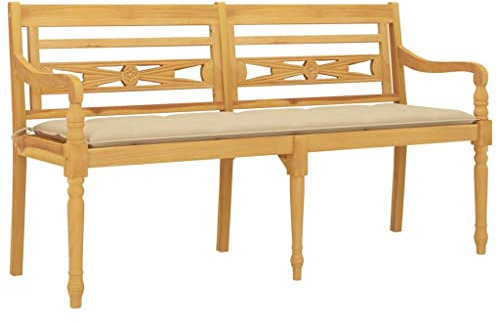 vidaXL Batavia Bank mit Beigem Kissen Gartenbank Gartenmöbel Parkbank Sitzbank Holzbank Balkonbank Terrassenbank 150cm Massivholz Teak