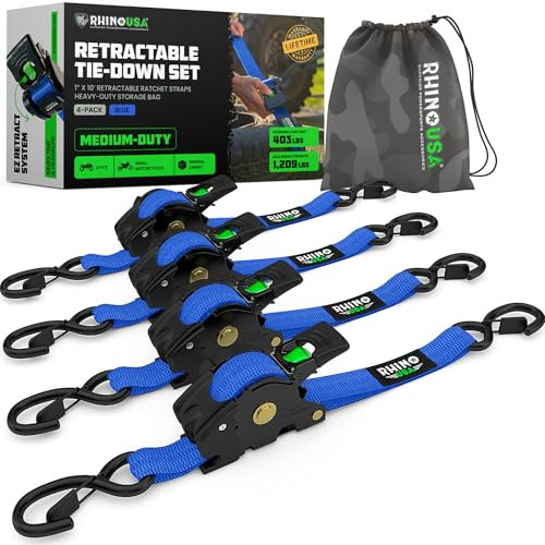 Rhino USA Retractable Ratchet Straps (4-Pack) - 2.5cm x 3m (540kg Break Strength) - Medium Duty Auto Self-Retracting Tie Down Straps for Truck, Cargo Trailer, Motorcycle, Bike & More - Blue
