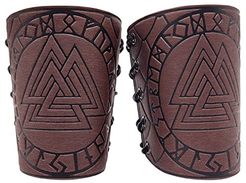 Mittelalterliche Retro COSPLAY Zubehör Arm Rüstung Kleidung Kleidung, Viking Odin Rune geprägte Leder Handgelenkschoner Paar (braun), Braun, Einheitsgröße