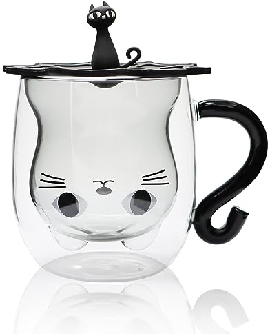 Iceten Cute Cat Mug, Double Walled Insulated Glass Cups with Lid Milk Cup Coffee Cup, Birthday Mother's Day Easter Halloween Christmas Valentine's Gifts for Women(250ml/8.4oz)