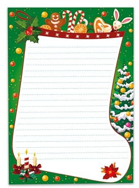 Buntes Briefpapier Schreibblock Briefbögen Notizblock mit Linien Motiv Weihnachten Winter Weihnachtsstiefel grün Wichtelgeschenk für Kinder Jungen Mädchen Schule (1 Block A5 mit 25 Blättern)