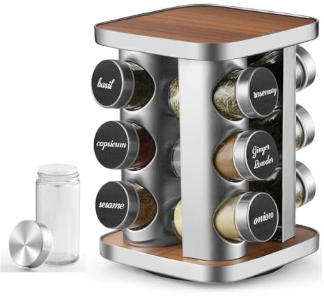 FRIBERG Gewürzständer,Gewürzkarussell Drehbar Mit 12 Gewürzgläsern 100 Ml,360° Drehbarer Edelstahl Gewürzkarussell,Gewürzregal Stehend Mit Trichter, Etikett, Stift Und Reinigungsbürste
