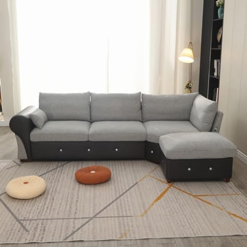 Panana Fabric and Faux Leather Corner Sofa 4-5 Seater L Shape Sofa with Built- in USB Port Chaise, Light Grey