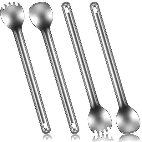 Lnfxkvva Göffel und Löffel mit langem Griff, tragbares Besteck aus Titan für Outdoor, Camping, Rucksackreisen, Wandern, Reisen, 4 Stück