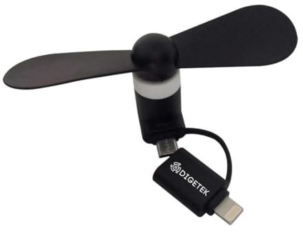 DIGETEK Mini Travel Fan for Smartphone – USB-C & Lightning Cooling Fan, Pocket-Sized, Ultra-Quiet, Compatible with iPhone, Samsung & More (Black)