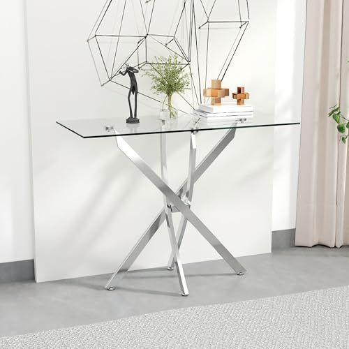 Glass Console Table with Silver Metal Legs for Hallway & Living Room, 100cm