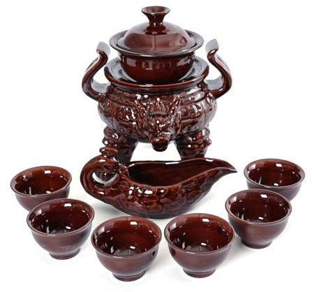fanquare Service à Thé Semi-Automatique Tasse à Thé Théière à Trépied Impériale Rouge Chinoise Kungfu Paresseux 9 Pièces Service à Thé en Porcelaine pour Adultes Homme Cadeau