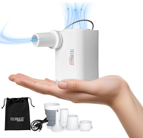 Technaxx TX-299 Pro, la mini pompa ad aria a batteria - 3600 mAh, pompa ad aria elettrica ricaricabile con powerbank, luce LED, 5 ugelli, ricarica USB - pompa d'aria senza fili per oggetti gonfiabili