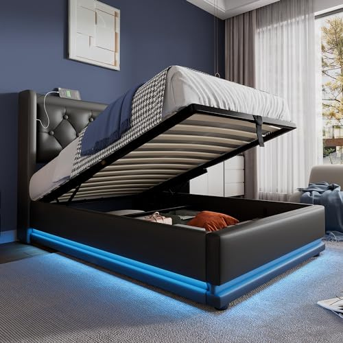 Kayan Polsterbett Stauraumbett Hydraulisches Bettgestell Einzelbett 90x200cm, Bett mit LED Beleuchtung, Gepolstertes Kopfteil mit USB Typ-C Ladefunktion, Ohne Matratze (Schwarz, 90x200cm)
