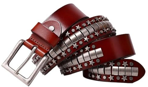 AGUTALITHIC Nietengürtel Stern Und Kreis Metall Silber Niete Gürtel Aus Rindsleder Für Damen/Herren Punk-Ledergürtel Gotischer Riemen Zubehör Für Jeanshosen(105cm/41, Brown)