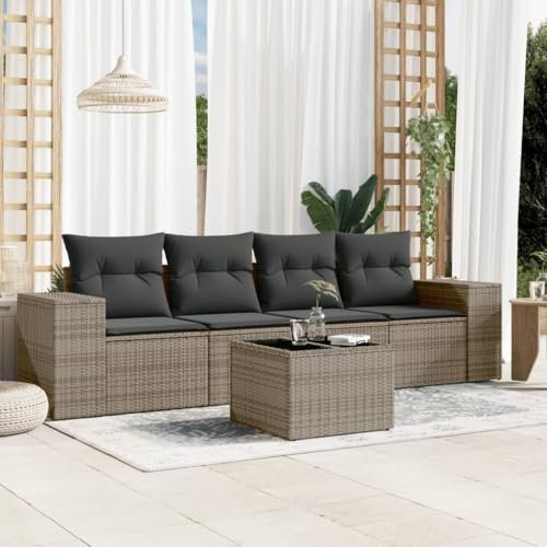 THOYTOUI 5-TLG. Garten-Sofagarnitur, Outdoor Furniture Gartengarnitur Set Garden Furniture Sets Möbelsets Geeignet für Balkon Garten Terrasse Veranda mit Kissen Grau Poly Rattan