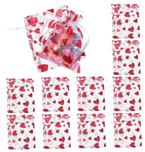 TOKIDNY 50stücke Kleine Organza-geschenktüten Mit Kordelzug Mesh-design Vielseitig Einsetzbar Für Schmuck Süßigkeiten Party Hochzeit Weihnachten Weiß Mit Rotem Herz Muster