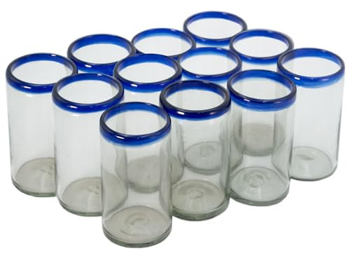 Set of 12 Tumblers - Hand Blown Mexican Glass | Authentic Handcrafted 14oz Drinking Glasses | Cobalt Blue Rim | Perfect for Water, Juices, Soft Drinks or Beer