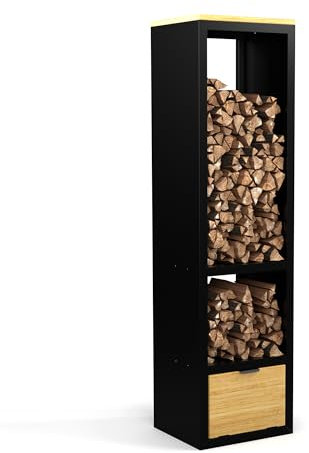 blumfeldt Support à bBois de Chauffage – 2 en 1 Rangement & Étagère, Acier Thermolaqué & Bois d'Hévéa, 40x35x150 cm, Support de bûches de cheminée avec boîte de Rangement, Assemblage Facile