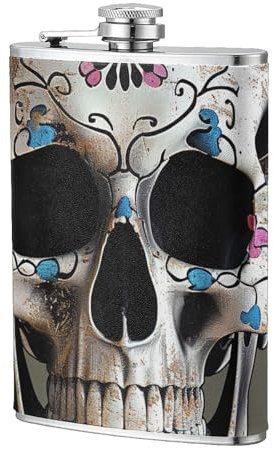 Flasque plate en acier inoxydable 304 avec motif tête de mort - 236,8 g - Étui en cuir synthétique de qualité supérieure - Flasque plate pour sports de plein air